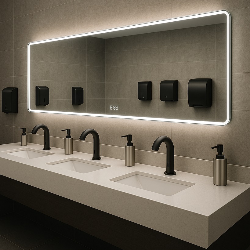 Coordinated faucet assembly suitable for commercial toilet room sinks